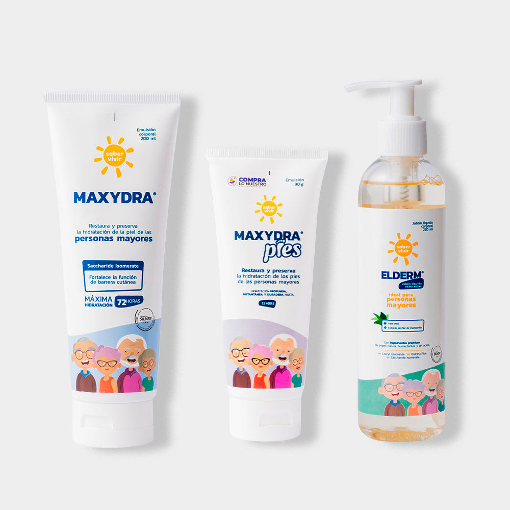Kit de productos para el cuidado de la piel de las personas mayores. Crema hidratante para piel seca, crema para pies y jabón líquido para cuerpo