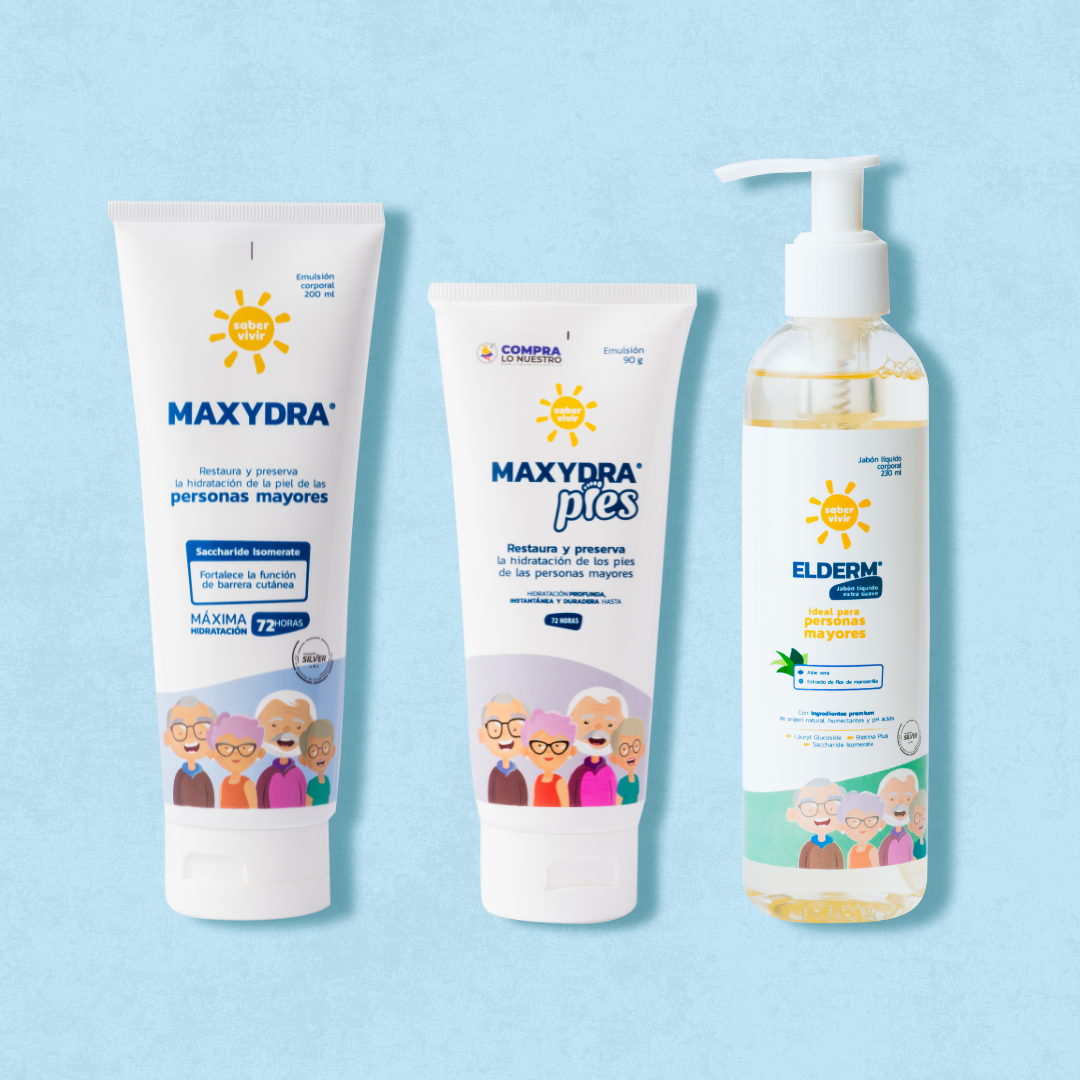 Kit de productos para el cuidado de la piel de las personas mayores. Crema hidratante para piel seca, crema para pies y jabón líquido para cuerpo