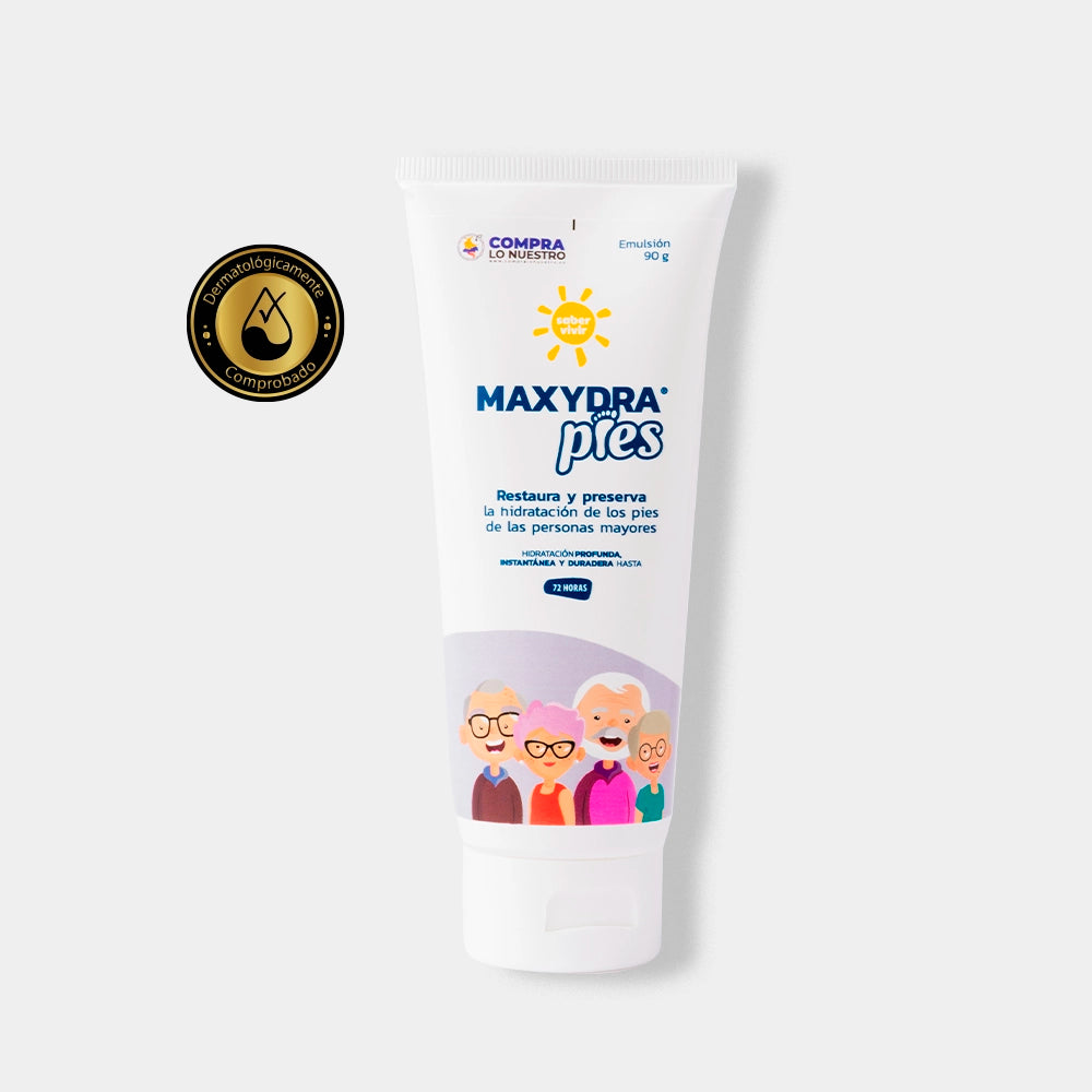 Tubo de crema para pies de personas mayores con piel seca: Maxydra Pies sobre fondo blanco