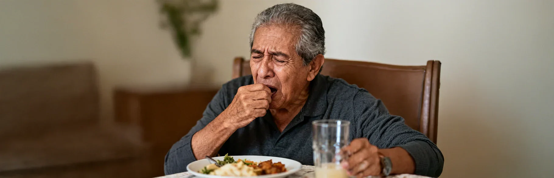 Hombre mayor tiene molestias para tragar sentado en la mesa