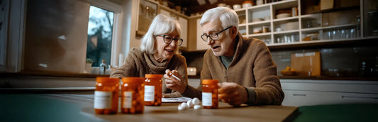 Pareja de personas mayores mirando diferentes tipos de suplemento multivitamínico