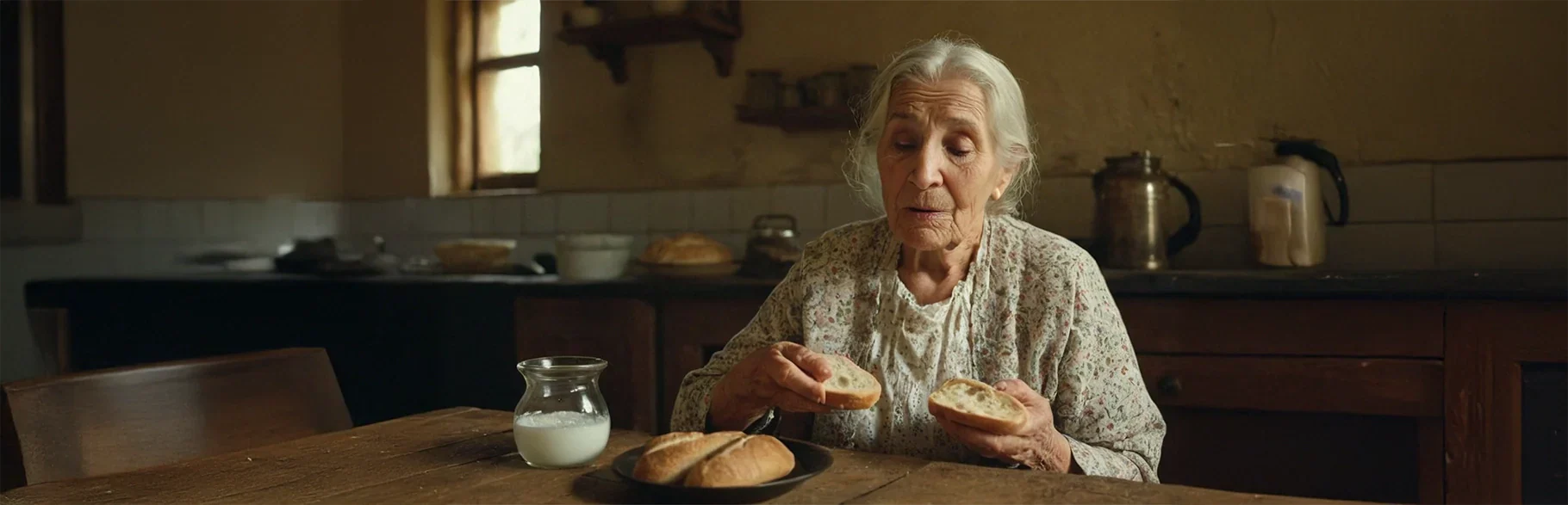 Mujer mayor en la cocina con una cena muy ligera