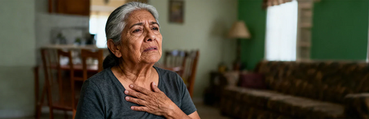 Mujer mayor con molestia en la garganta y visible malestar