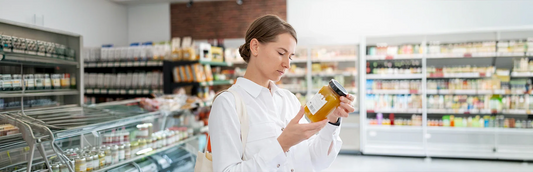 Mujer revisando la tabla nutricional de alimentos en un supermercado