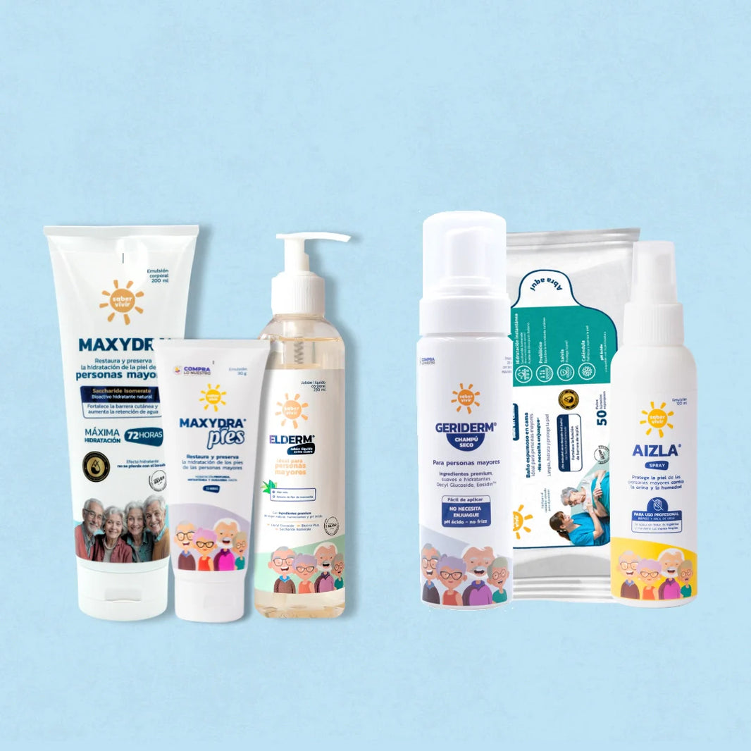 Cremas, emulsiones, champú seco, jabón líquido diseñados para personas mayores 