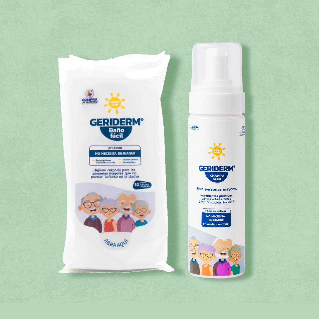 Productos para baño en cama, champú seco y pañitos húmedos espumosos sobre fondo verde