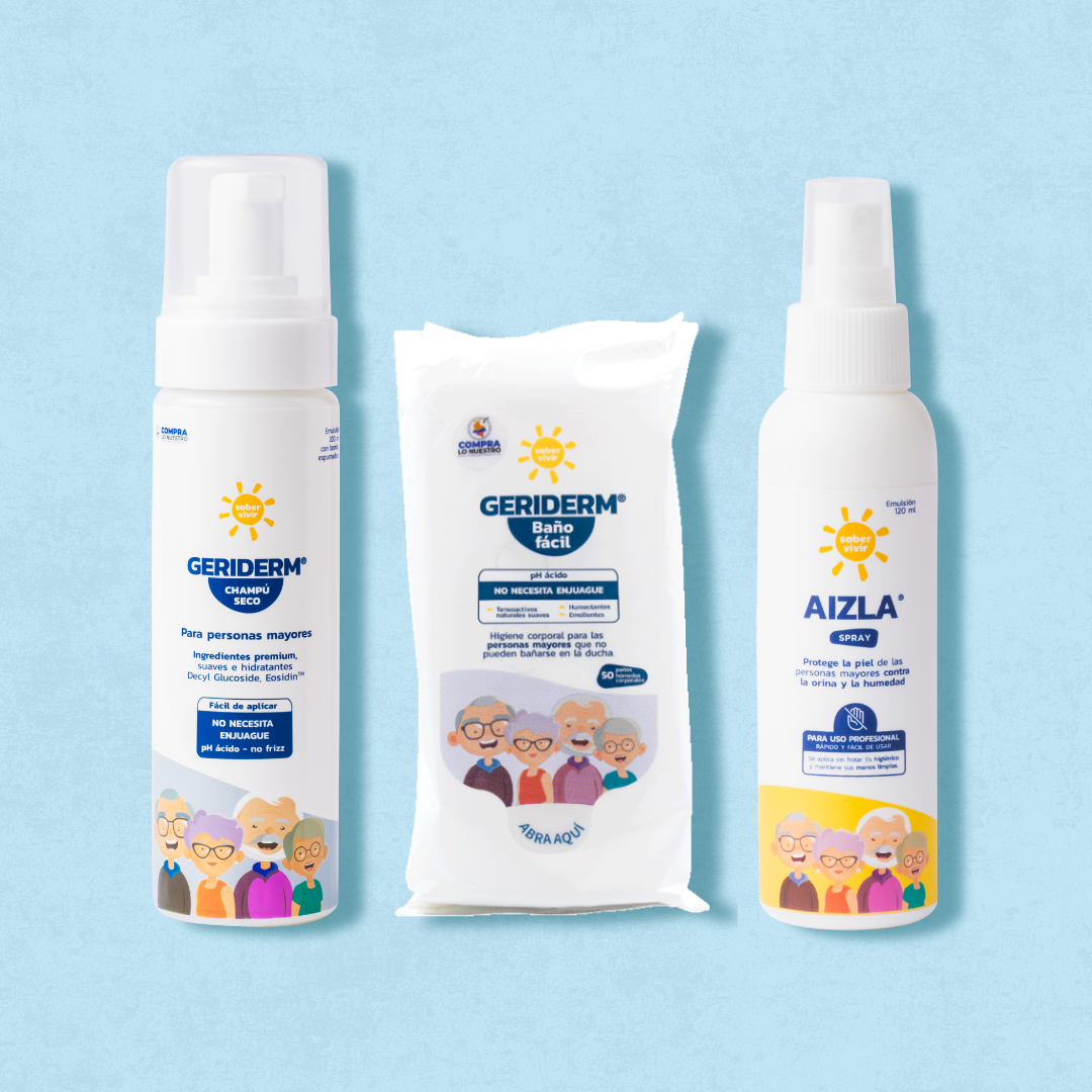 Tres productos para el cuidado de las personas mayores. Champú seco y Baño Fácil Geriderm para brindar baño en cama, y spray protector contra la pañalitis sobre fondo azul 
